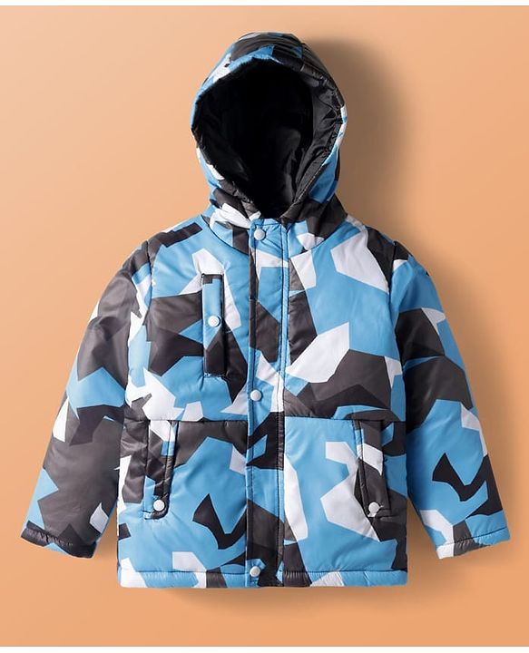 Pine Kids Woven Full Sleeves Hooded Padded Jacket with Camouflage Print - Blue