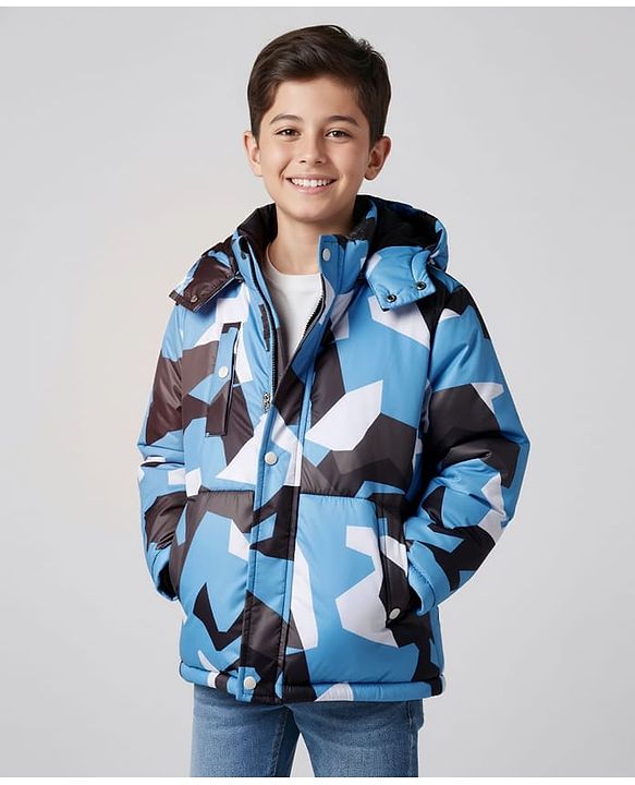 Pine Kids Woven Full Sleeves Hooded Padded Jacket with Camouflage Print - Blue