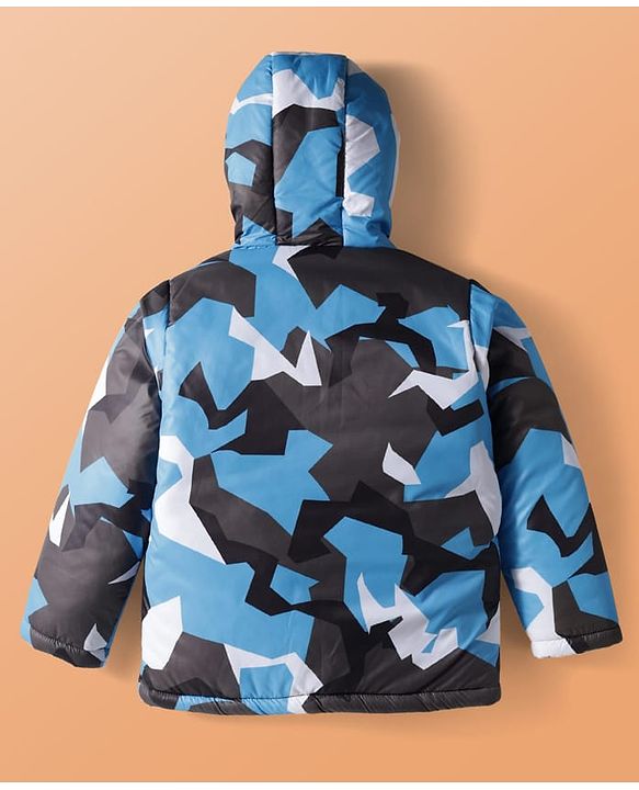 Pine Kids Woven Full Sleeves Hooded Padded Jacket with Camouflage Print - Blue