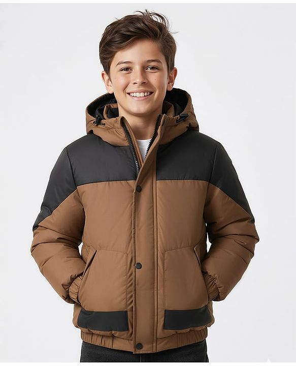 Pine Kids Woven Full Sleeves Solid Hooded Padded Jacket - Brown