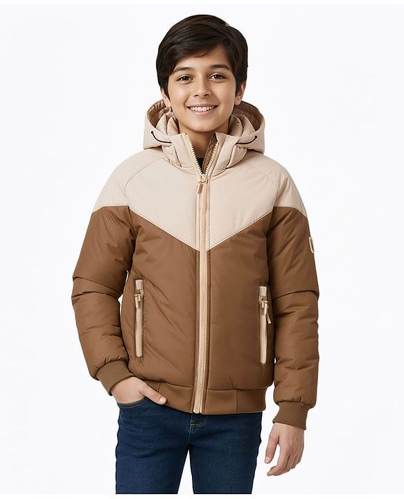 Pine Kids Woven Full Raglan Sleeves Color Block Padded  Hoodie - Beige & Tan