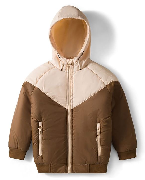 Pine Kids Woven Full Raglan Sleeves Color Block Padded  Hoodie - Beige & Tan