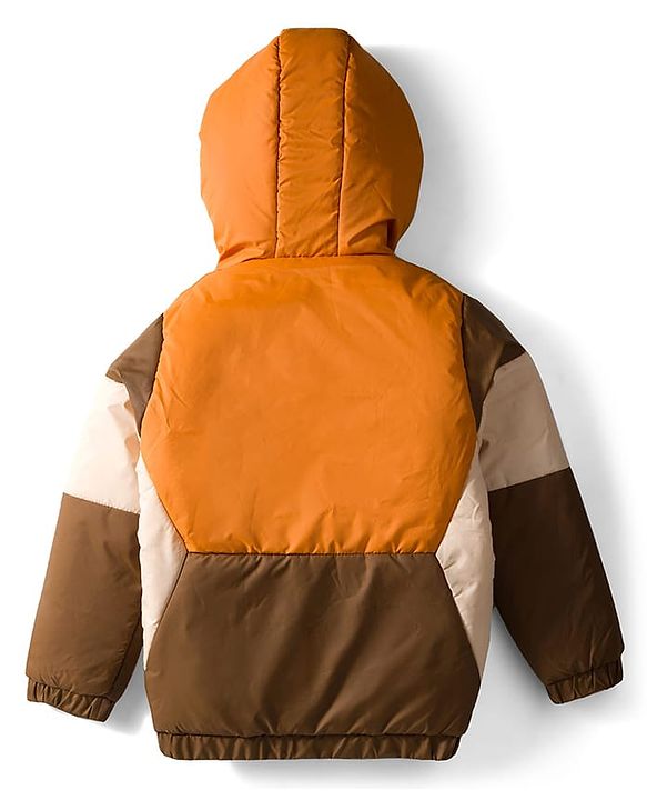Pine Kids Woven Full Sleeves Hooded Padded Jacket With Color Block Design - Tan