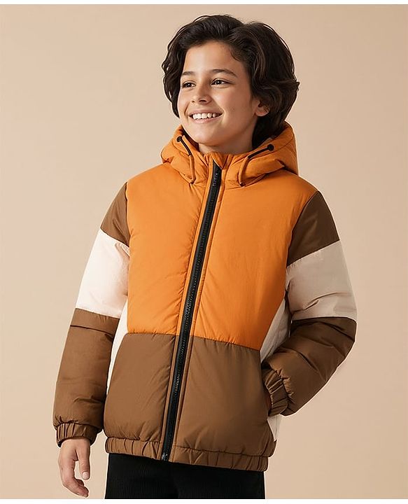 Pine Kids Woven Full Sleeves Hooded Padded Jacket With Color Block Design - Tan