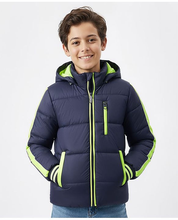 Pine Kids Woven Full Sleeves Solid Hooded Padded Jacket - Navy Blue