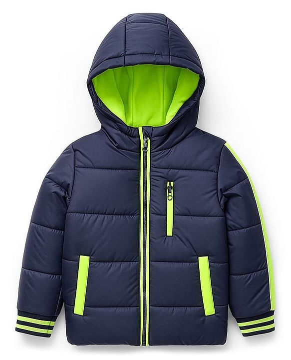Pine Kids Woven Full Sleeves Solid Hooded Padded Jacket - Navy Blue