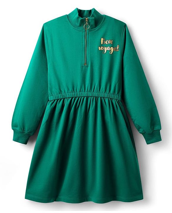 Pine Kids Cotton Knit Full Sleeves Sweatshirt Dress With Text Print - Dark Green