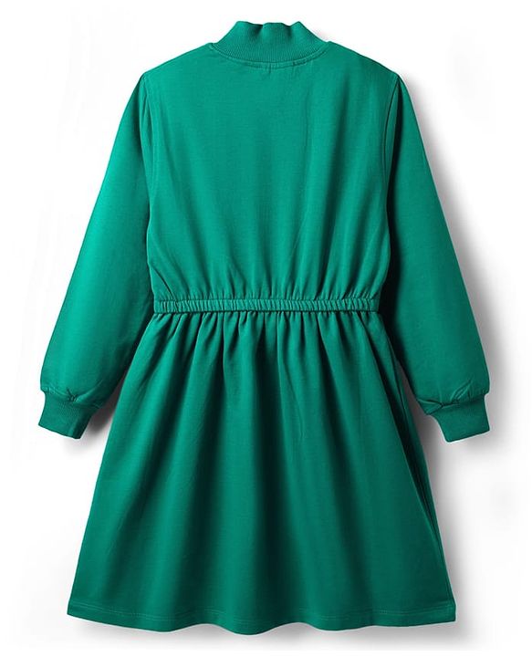 Pine Kids Cotton Knit Full Sleeves Sweatshirt Dress With Text Print - Dark Green
