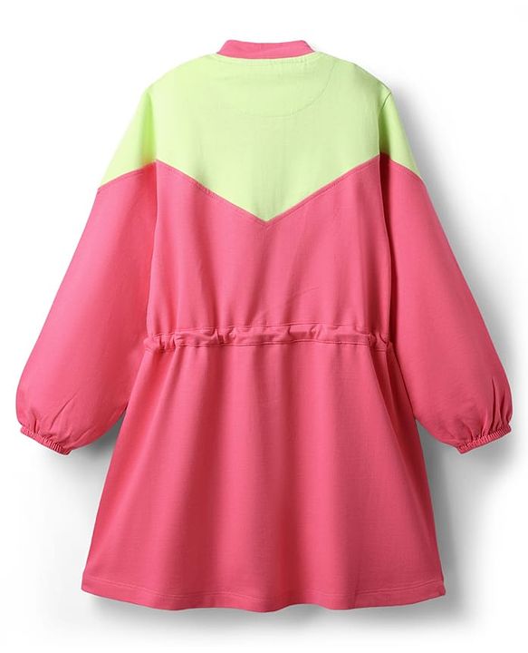 Pine Kids Cotton Knit Full Sleeves Winter Sweatshirt Dress With Cut & Sew Design - Dark Pink