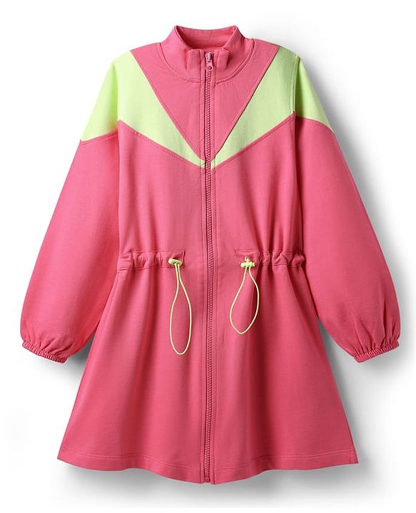 Pine Kids Cotton Knit Full Sleeves Winter Sweatshirt Dress With Cut & Sew Design - Dark Pink
