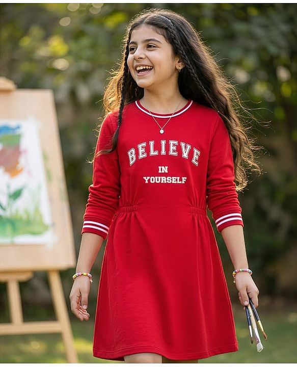 Pine Kids Cotton Knit Full Sleeves Winter Sweatshirt Dress With Believe in Yourself Text Print - Red