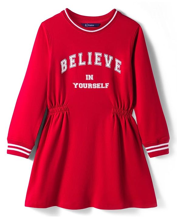 Pine Kids Cotton Knit Full Sleeves Winter Sweatshirt Dress With Believe in Yourself Text Print - Red