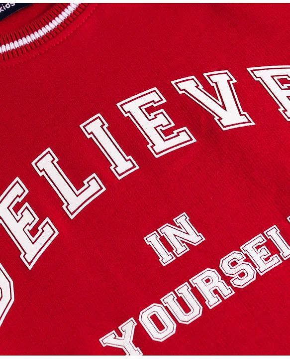 Pine Kids Cotton Knit Full Sleeves Winter Sweatshirt Dress With Believe in Yourself Text Print - Red