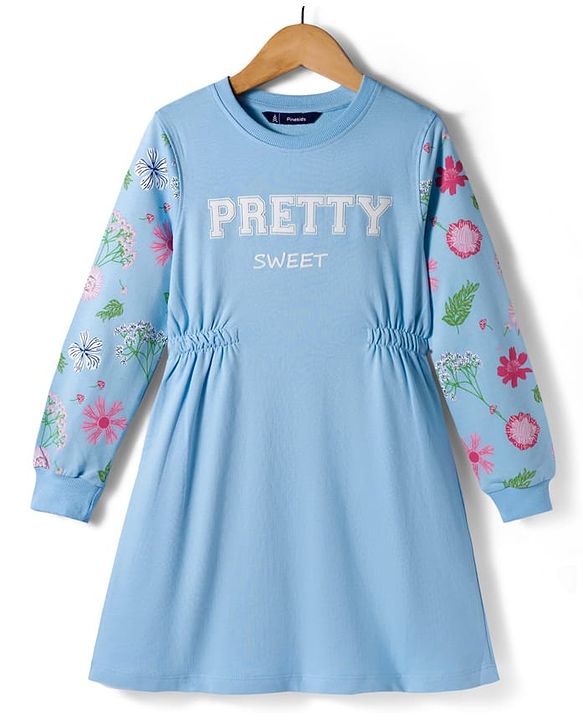 Pine Kids Cotton Knit Full Sleeves Frock With Floral Print - Light Blue