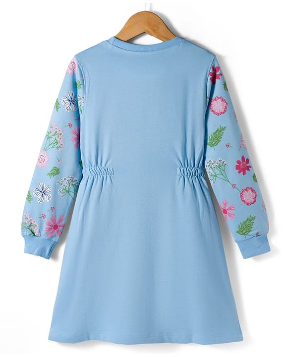 Pine Kids Cotton Knit Full Sleeves Frock With Floral Print - Light Blue
