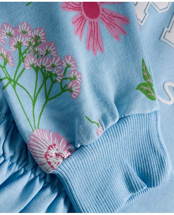 Pine Kids Cotton Knit Full Sleeves Frock With Floral Print - Light Blue