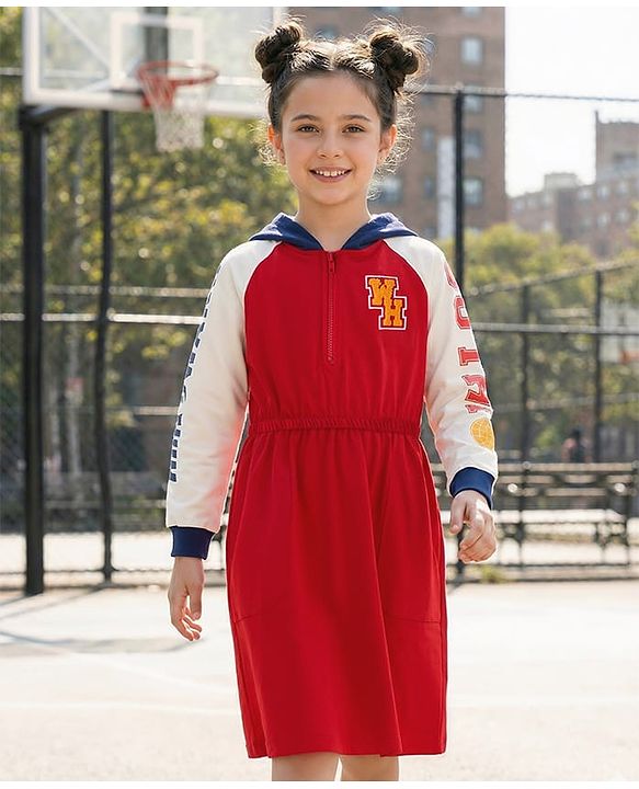 Pine Kids Cotton Knit Full Raglan Sleeves Hooded Sweatshirt Dress With Text Print - Red & White