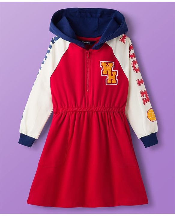 Pine Kids Cotton Knit Full Raglan Sleeves Hooded Sweatshirt Dress With Text Print - Red & White