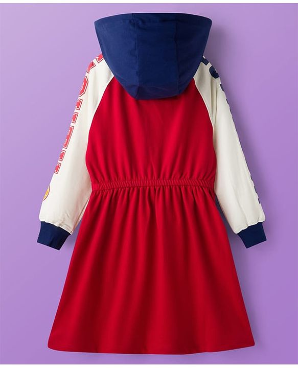 Pine Kids Cotton Knit Full Raglan Sleeves Hooded Sweatshirt Dress With Text Print - Red & White