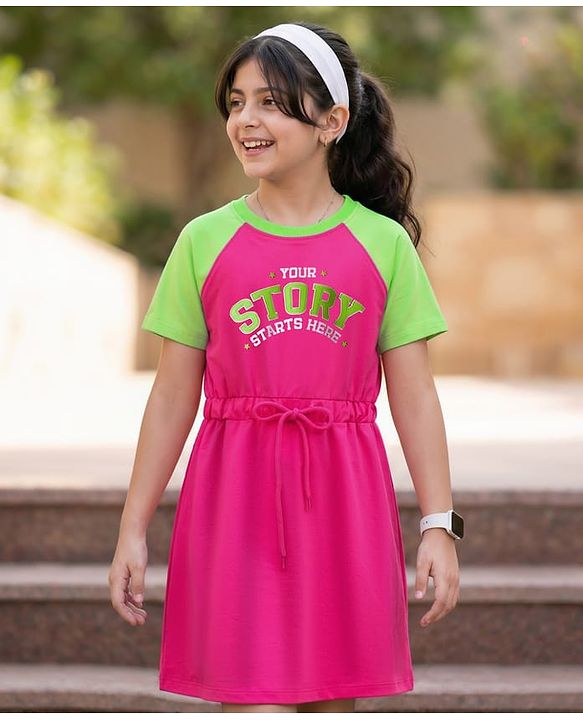 Pine Kids Cotton Knit Half Raglan Sleeves Sweatshirt Dress With Text Print - Dark Pink