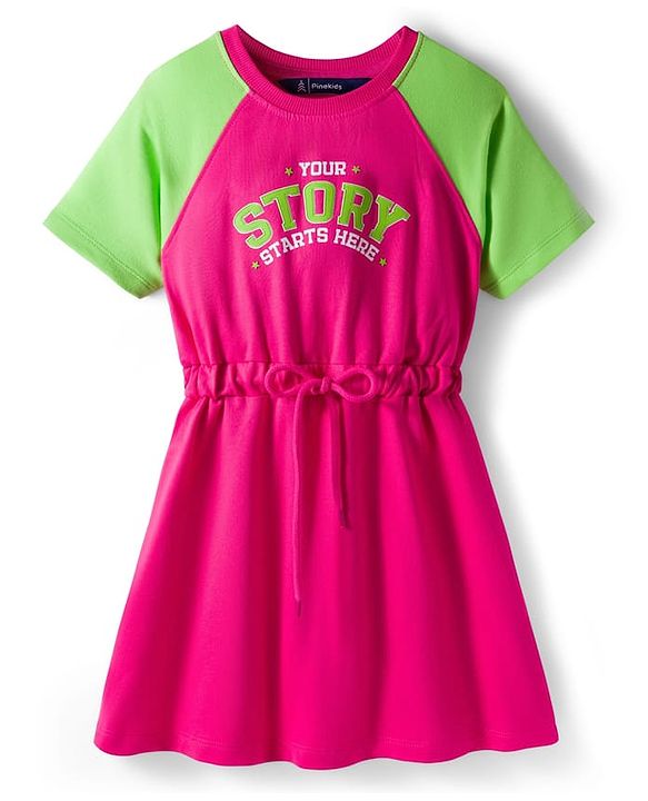Pine Kids Cotton Knit Half Raglan Sleeves Sweatshirt Dress With Text Print - Dark Pink