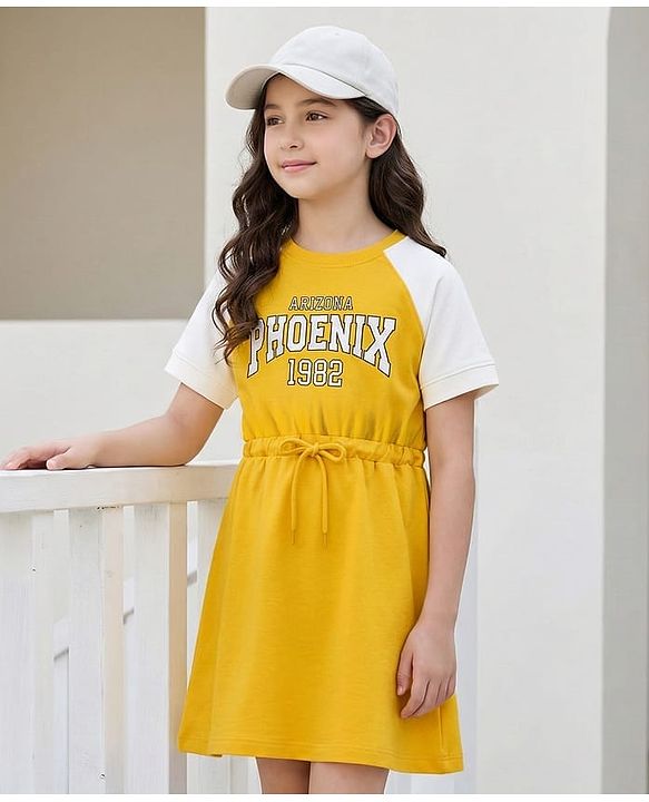 Pine Kids Cotton Knit Half Raglan Sleeves Sweatshirt Dress With Text Print - Yellow