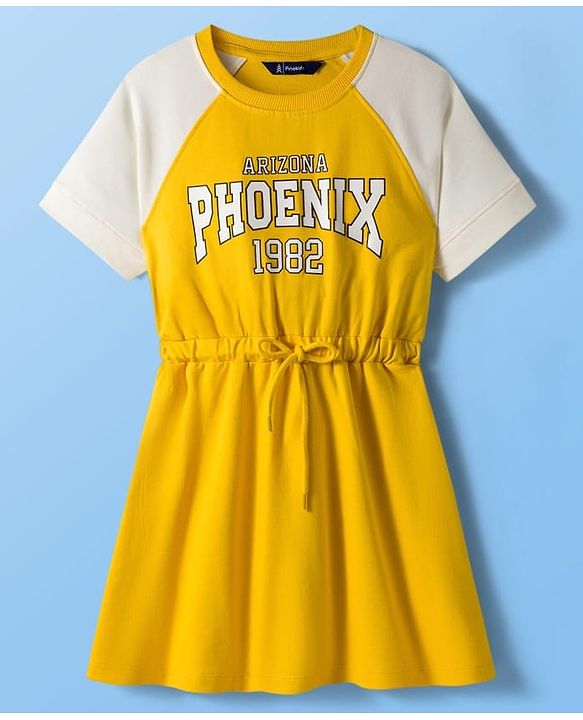 Pine Kids Cotton Knit Half Raglan Sleeves Sweatshirt Dress With Text Print - Yellow