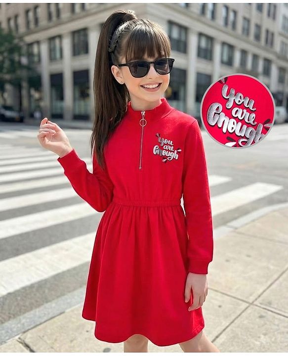 Pine Kids Cotton Knit Full Sleeves Winter Sweatshirt Dress With You are Enough Text Print - Red