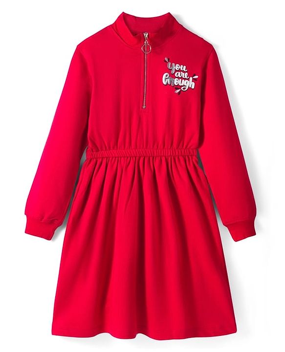 Pine Kids Cotton Knit Full Sleeves Winter Sweatshirt Dress With You are Enough Text Print - Red