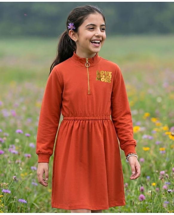 Pine Kids Cotton Knit Full Sleeves Sweatshirt Dress With Text Foil Print - Red