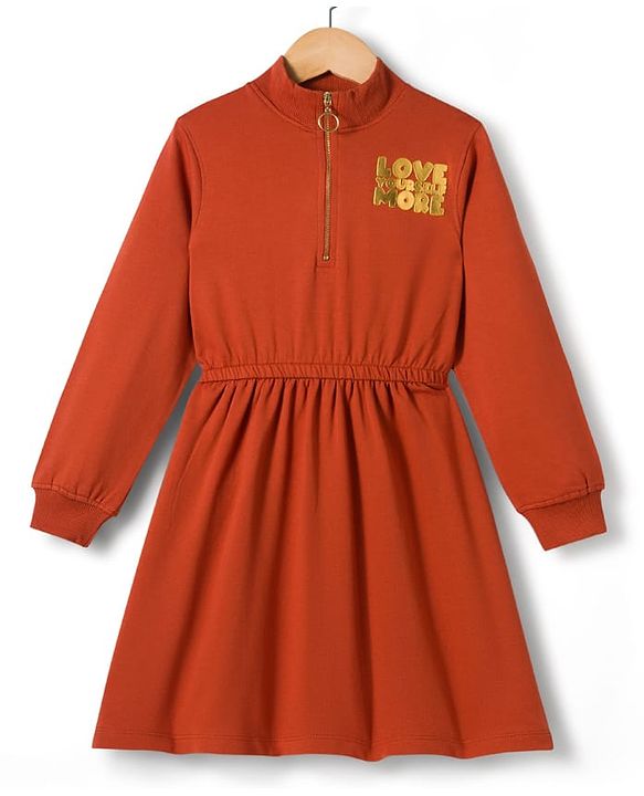 Pine Kids Cotton Knit Full Sleeves Sweatshirt Dress With Text Foil Print - Red