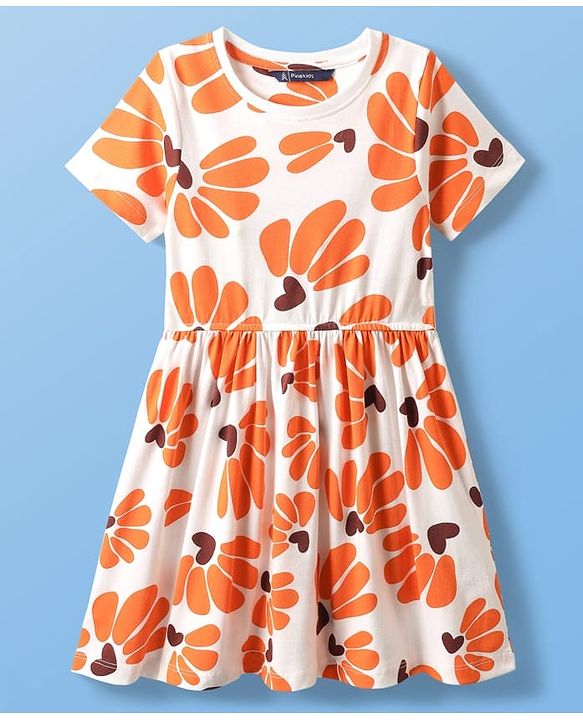 Pine Kids Cotton Knit Half Sleeves Frock with Floral Print - Peach