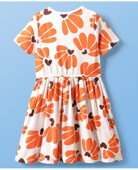 Pine Kids Cotton Knit Half Sleeves Frock with Floral Print - Peach