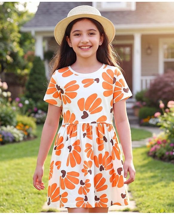 Pine Kids Cotton Knit Half Sleeves Frock with Floral Print - Peach