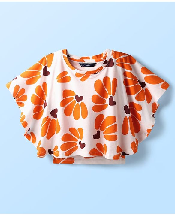 Pine Kids Cotton Knit Half Sleeves Kaftan Style Top with Floral Print - Orange & White