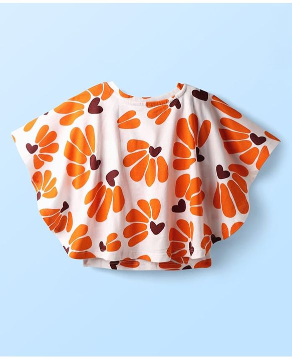 Pine Kids Cotton Knit Half Sleeves Kaftan Style Top with Floral Print - Orange & White