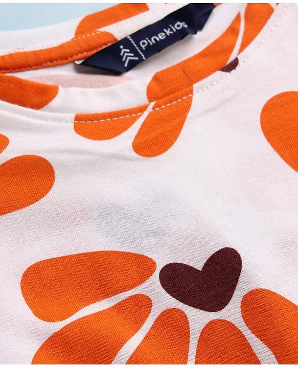 Pine Kids Cotton Knit Half Sleeves Kaftan Style Top with Floral Print - Orange & White