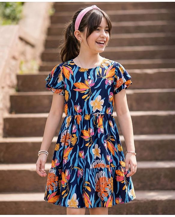 Pine Kids 100% Cotton Half Sleeves Floral Printed Frock - Multicolour
