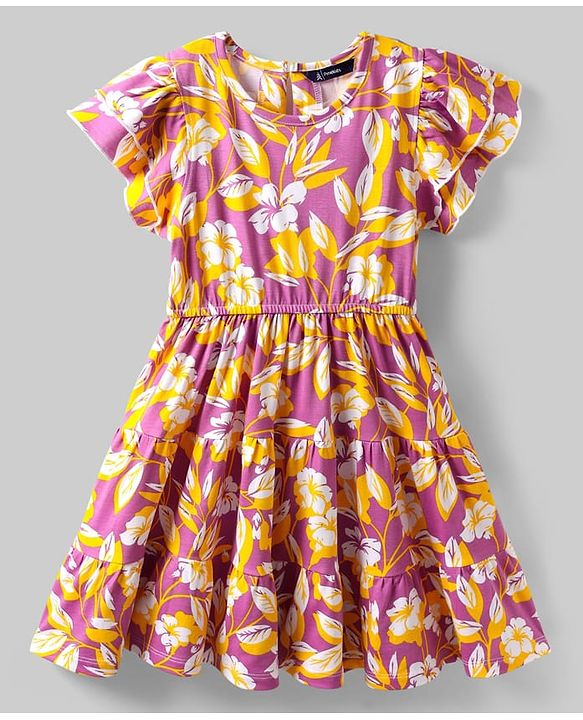 Pine Kids Cotton Knit Flutter Sleeves Frock With Floral Print - Plum & Yellow
