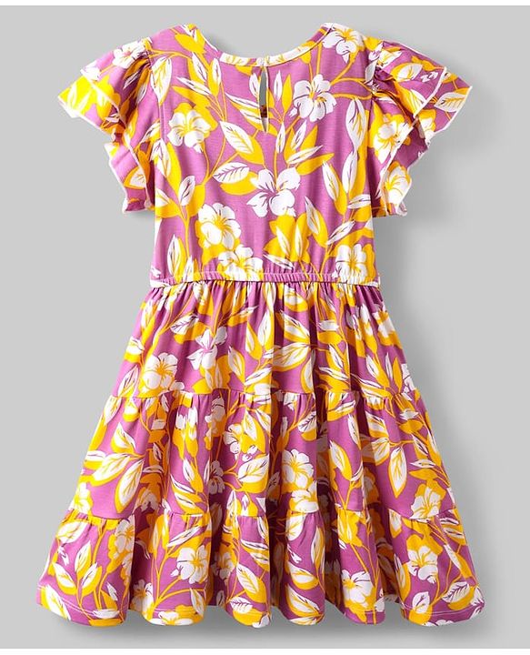 Pine Kids Cotton Knit Flutter Sleeves Frock With Floral Print - Plum & Yellow