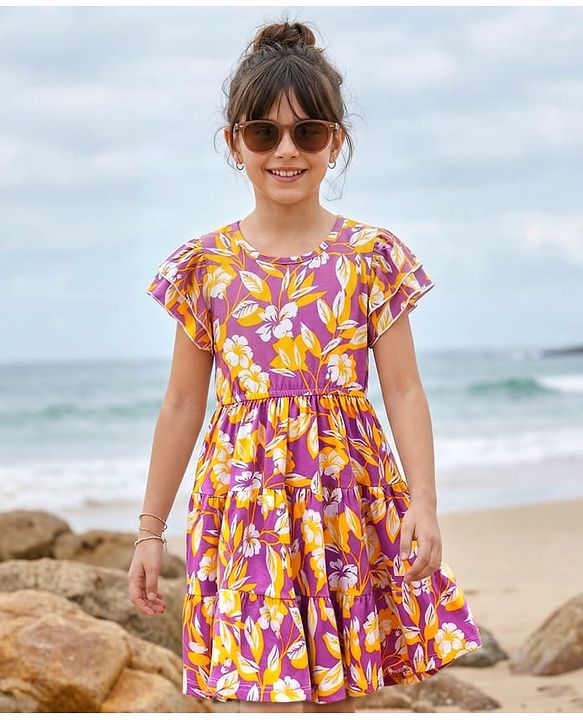 Pine Kids Cotton Knit Flutter Sleeves Frock With Floral Print - Plum & Yellow