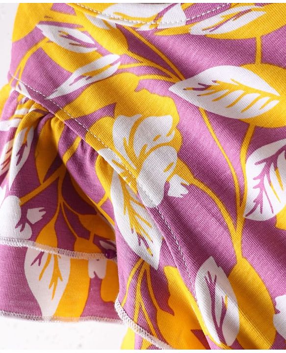 Pine Kids Cotton Knit Flutter Sleeves Frock With Floral Print - Plum & Yellow