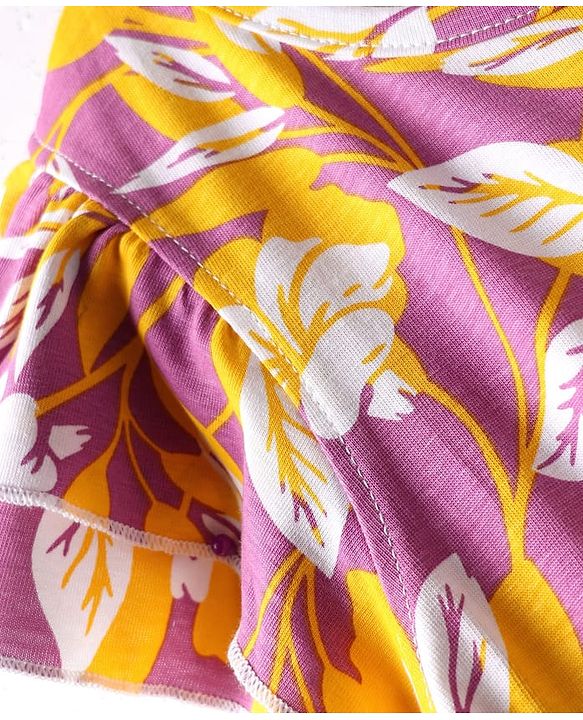 Pine Kids Cotton Knit Flutter Sleeves Frock With Floral Print - Plum & Yellow