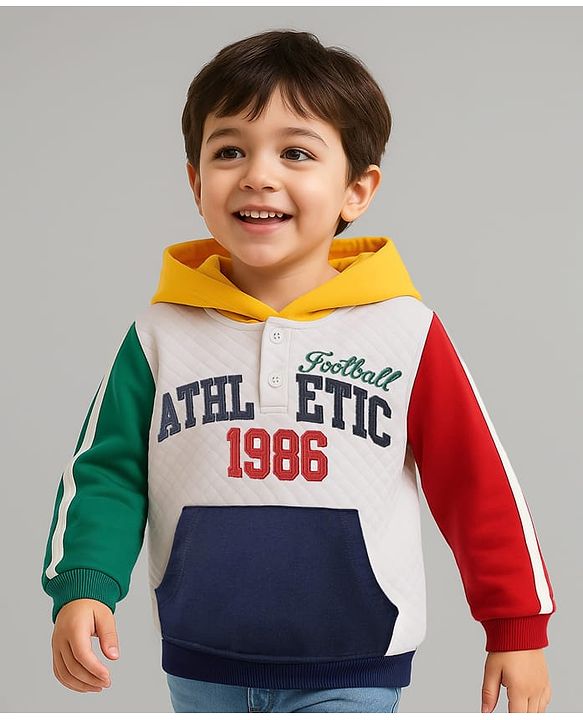 Babyhug Cotton Knit Full Sleeves Heavy Gauge Quilted Fabric Hooded Sweatshirt With Text Embroidery & Kangaroo Pockets - Multicolor