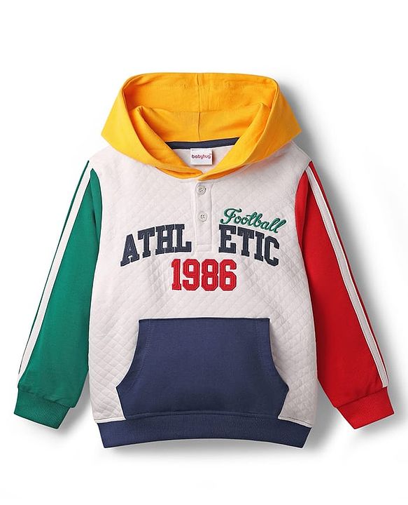 Babyhug Cotton Knit Full Sleeves Heavy Gauge Quilted Fabric Hooded Sweatshirt With Text Embroidery & Kangaroo Pockets - Multicolor
