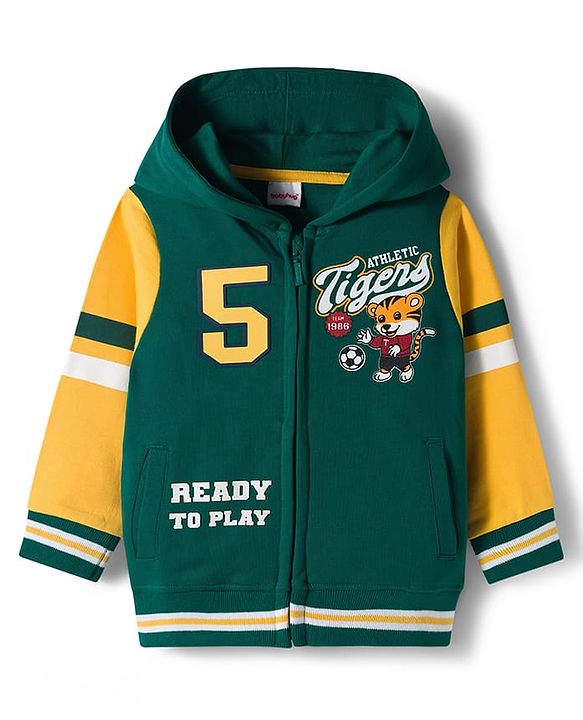 Babyhug Cotton Knit Full Sleeves Front Open Hooded Sweatshirts with Kangaroo Pockets & Athletic Tigers Text Print - Dark Green
