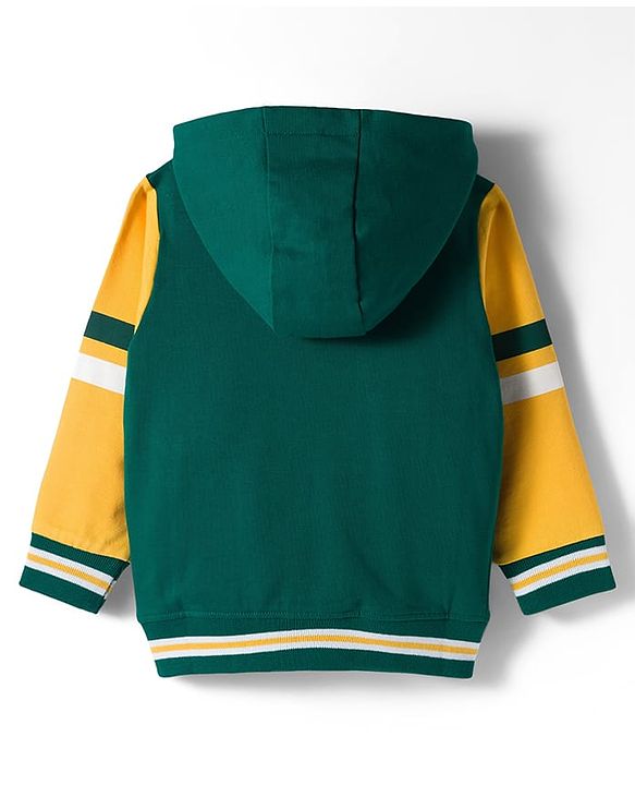 Babyhug Cotton Knit Full Sleeves Front Open Hooded Sweatshirts with Kangaroo Pockets & Athletic Tigers Text Print - Dark Green