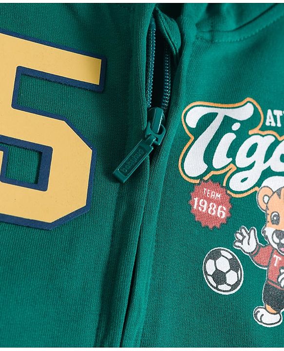 Babyhug Cotton Knit Full Sleeves Front Open Hooded Sweatshirts with Kangaroo Pockets & Athletic Tigers Text Print - Dark Green
