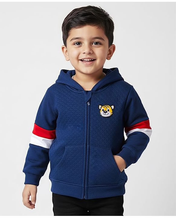 Babyhug Cotton Knit Full Sleeves Hooded Sweatjacket With Front & Back Lion Graphics & Kangaroo Pockets - Navy Blue