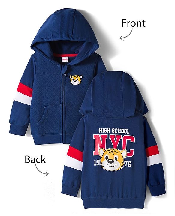 Babyhug Cotton Knit Full Sleeves Hooded Sweatjacket With Front & Back Lion Graphics & Kangaroo Pockets - Navy Blue